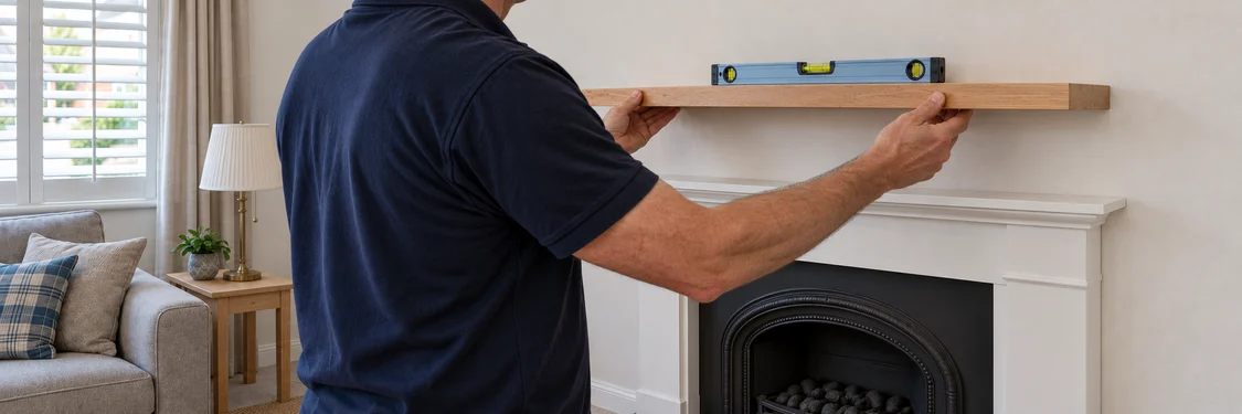 A shelf being positioned and checked with a spirit level above a mantelpiece, illustrative service image